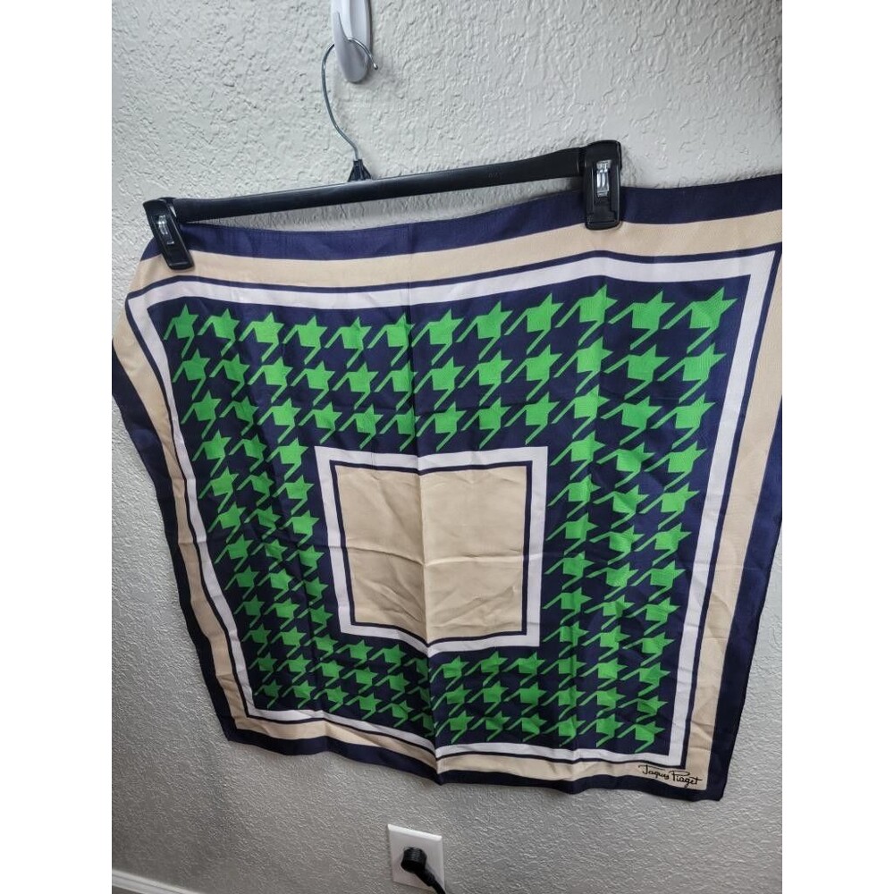 Jaques Piaget Vintage Silk Scarf Green Houndstooth Navy Blue Beige Square